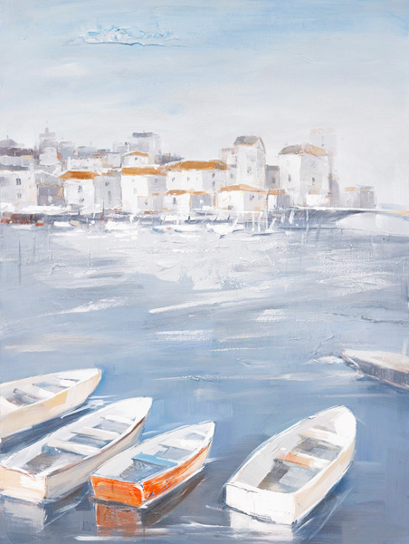PXYW608 Wall décor art oil on canvas seascape boats on water blue white orange tones